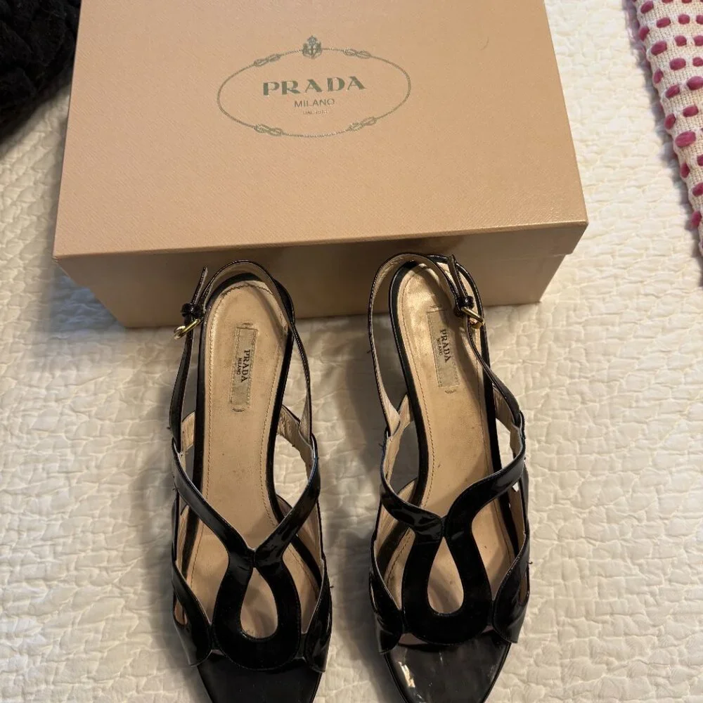 **Prada Patent Leather Cutout Accent Slingback Sandals** - Picture 2 of 7